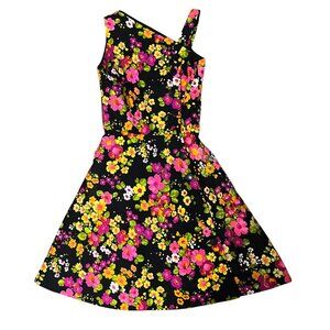 VTG 70’s Les Wilk Wilke 6/8 10 Dress A Line Midi Sundress Black Floral Yellow